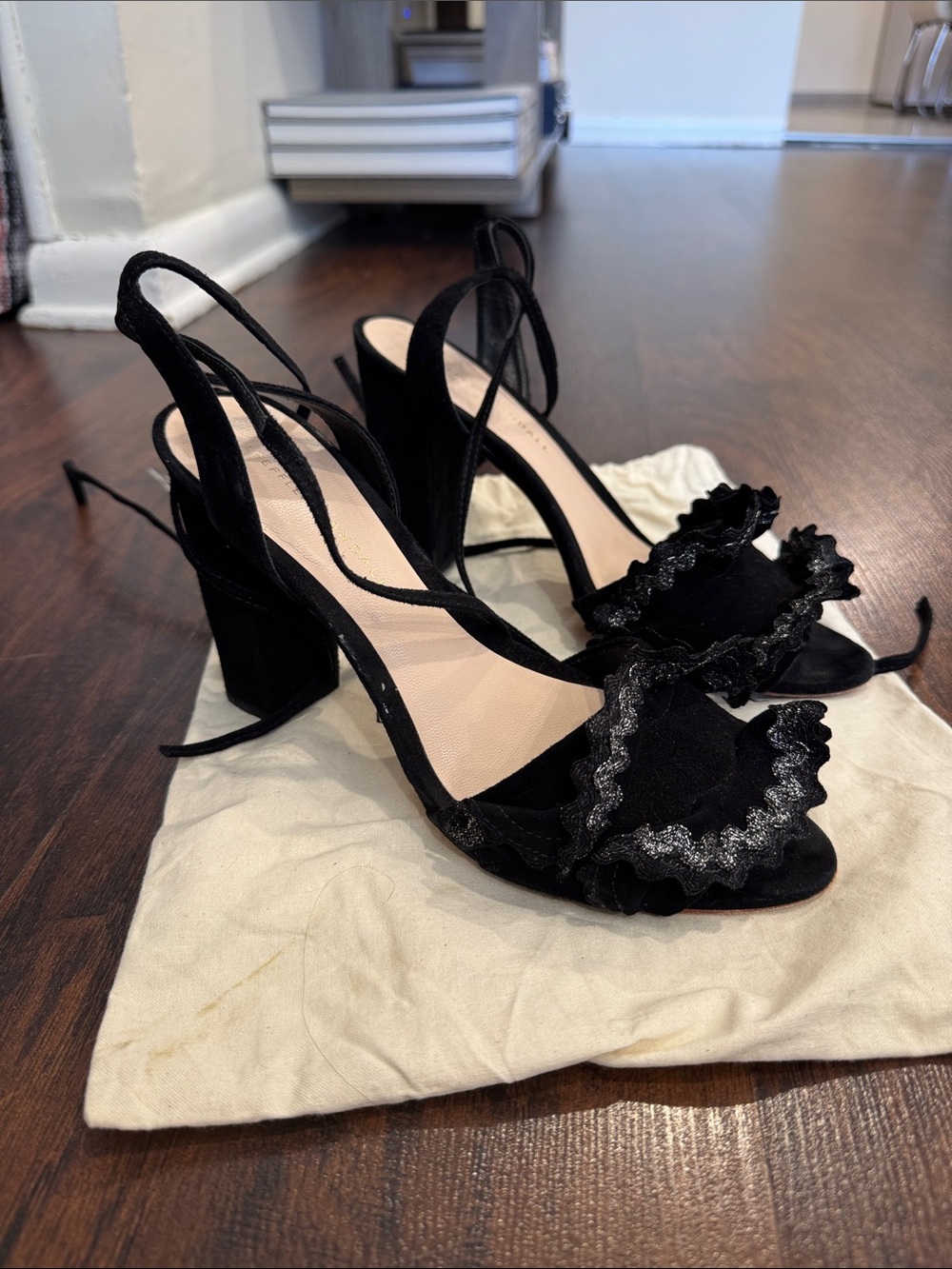 Loeffler Randall Black Ruffle Strap Block Heel Sandals